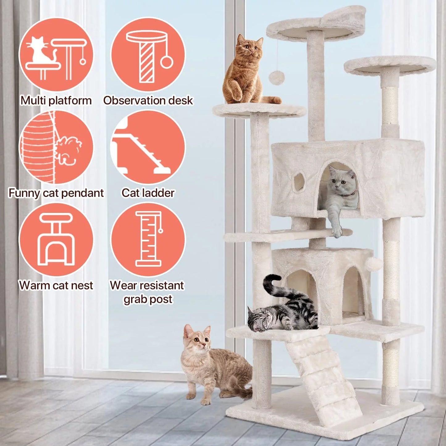Torre De Juego De 54 Pulgadas Con Doble Condominio Cat Tree Con Poste Rascador Y Percha Para Interiores, Beige
