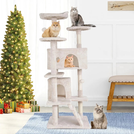 Torre De Juego De 54 Pulgadas Con Doble Condominio Cat Tree Con Poste Rascador Y Percha Para Interiores, Beige